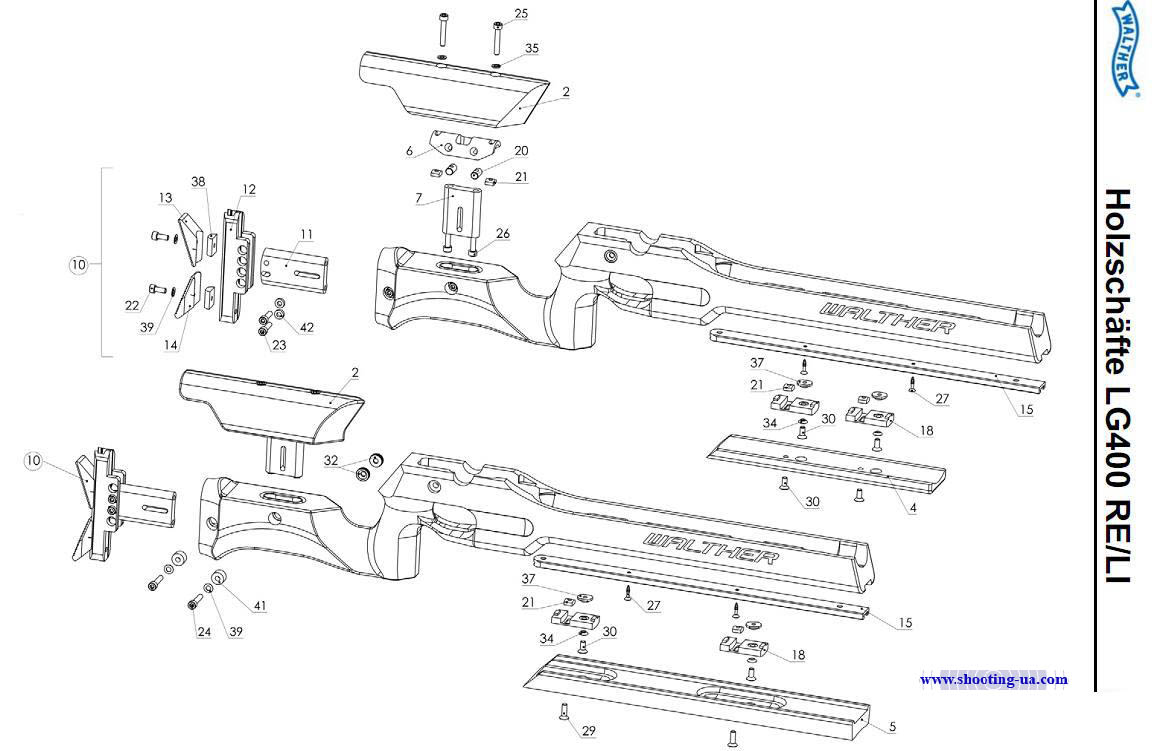 Схема разборки ложи и приклада Walther LG 400 Freihand Holz. (кликните по рисунку, чтобы открыть в полный размер)